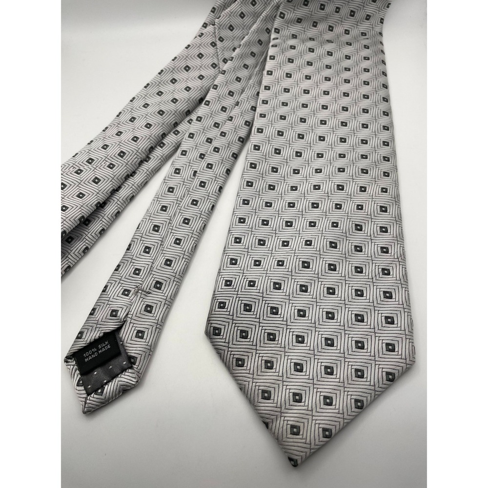 Gino Di Milano Classic Silver Grey Geometric Square 100% Silk Hand Made Tie NWT
